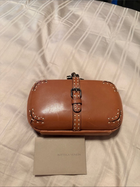 Bottega Veneta Handbags - Bottega Veneta Cognac Brown Leather Clutch with Buckle Strap